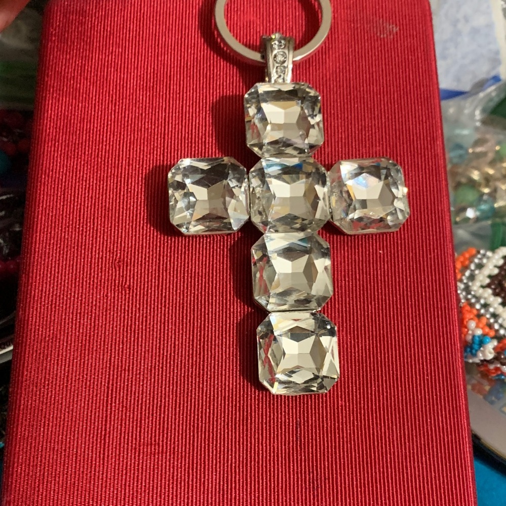 Large Silver Tone Crystal Princess Cross Pendant or Keychain Statement Piece